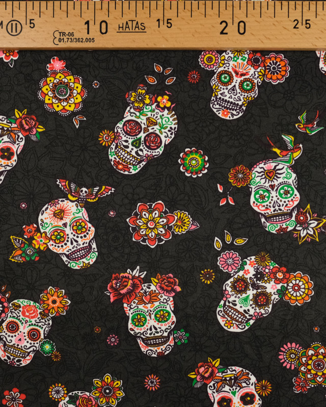 Coton imprimé los muertos gris anthracite Oeko-tex - Mercerine