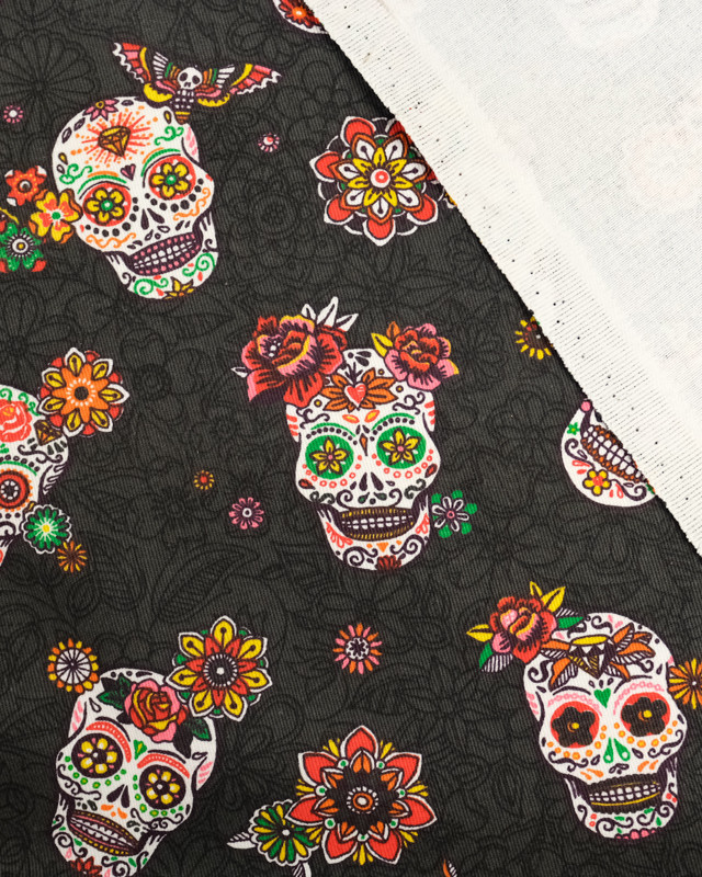 Coton imprimé los muertos gris anthracite Oeko-tex - Mercerine