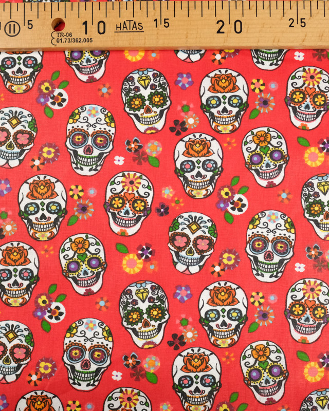 Tissu au mètre : Coton imprimé calaveras fond rouge - Mercerine