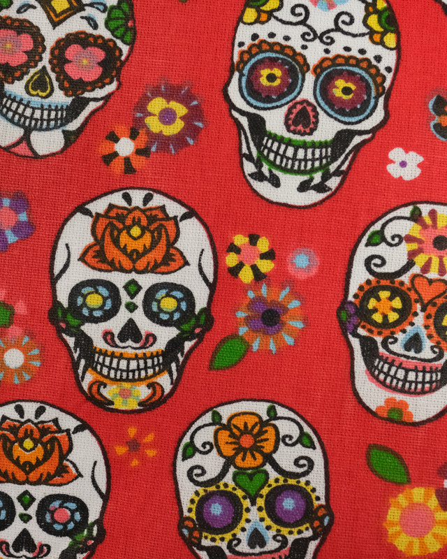 Tissu au mètre : Coton imprimé calaveras fond rouge - Mercerine