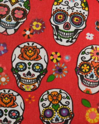 Tissu au mètre : Coton imprimé calaveras fond rouge - Mercerine