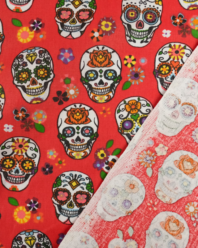 Tissu au mètre : Coton imprimé calaveras fond rouge - Mercerine