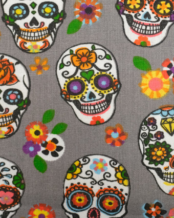 Tissu au mètre : Coton imprimé calaveras gris - Mercerine