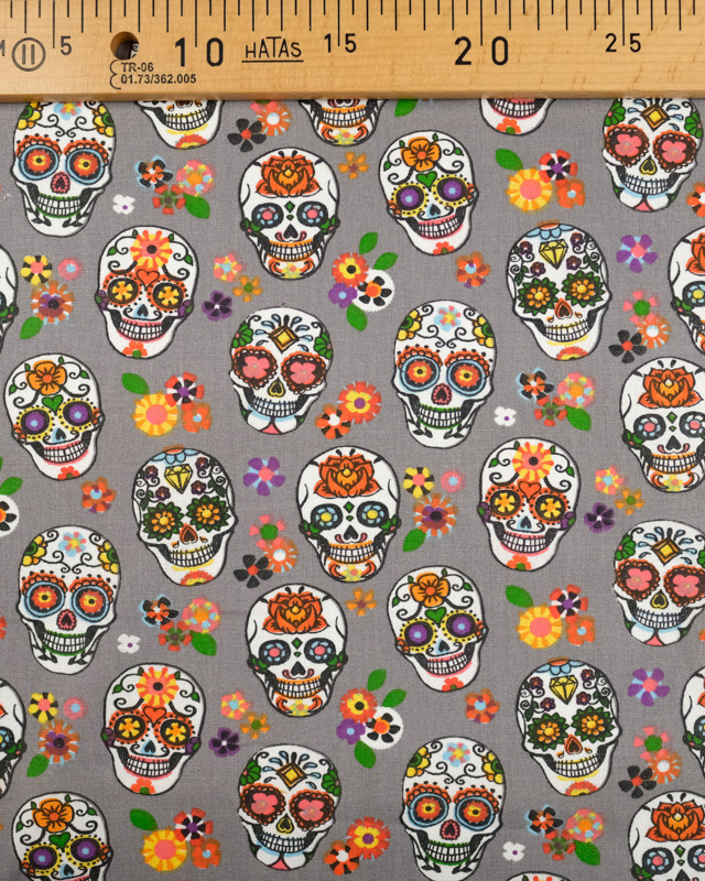 Tissu au mètre : Coton imprimé calaveras gris - Mercerine