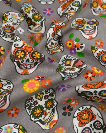 Coton imprimé calaveras gris - 10cm