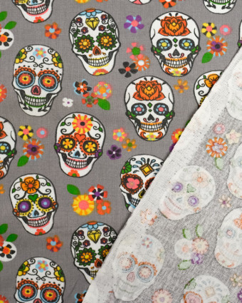 Tissu au mètre : Coton imprimé calaveras gris - Mercerine