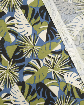 Tissu au mètre : Coton imprimé tropique vert bleu - Mercerine