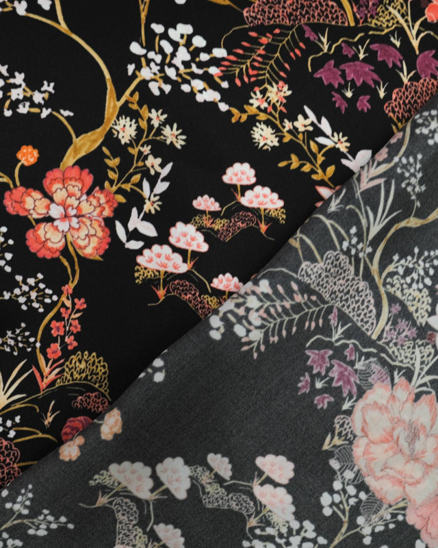 Tissu soie au mètre : imprimé noir inspiration japonaise  - Mercerine