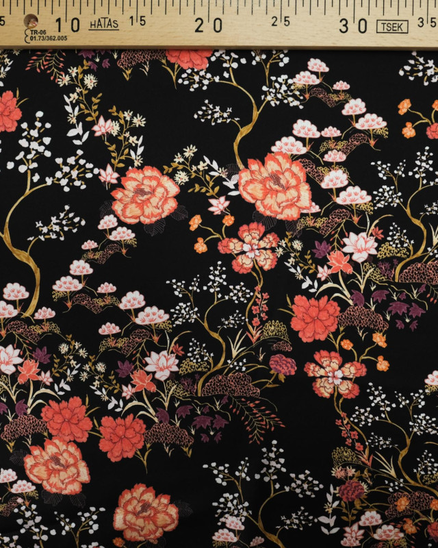 Tissu soie au mètre : imprimé noir inspiration japonaise  - Mercerine