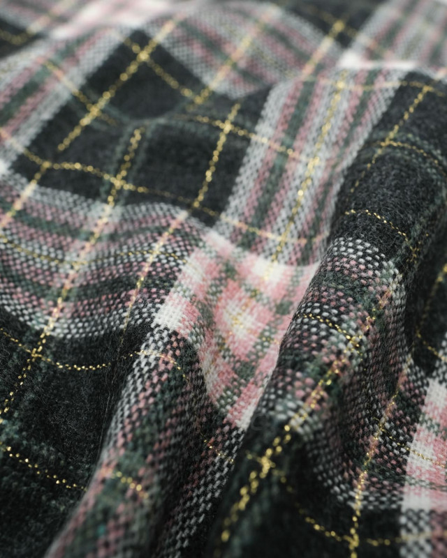 Tissu flanelle de laine à carreaux gris or rose - Mercerine