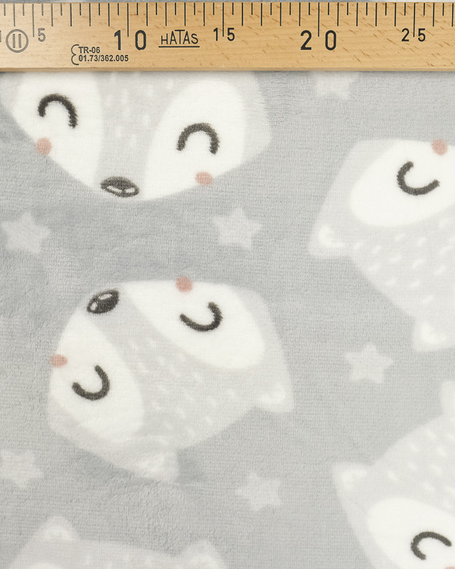 Tissu doudou au mètre : adorable motif renard gris - Mercerine