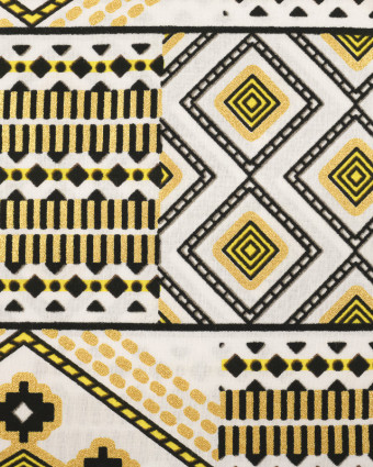 Tissu wax lurex motif graphique noir jaune sur fond blanc - Coupon