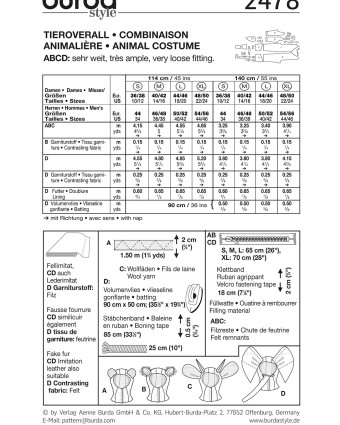 Patron déguisement éléphant, ours, vache et lionne : Burda 2478 - Mercerine