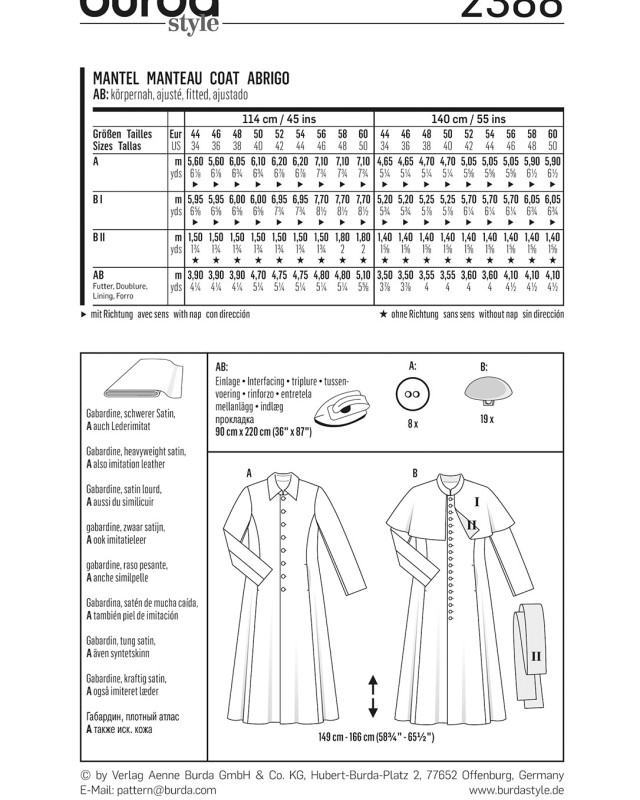 Patron manteau / Soutane : Burda 2388 - Mercerine