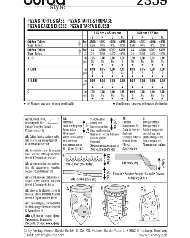 Patron déguisement Pizza et fromage : Burda 2359 - Mercerine