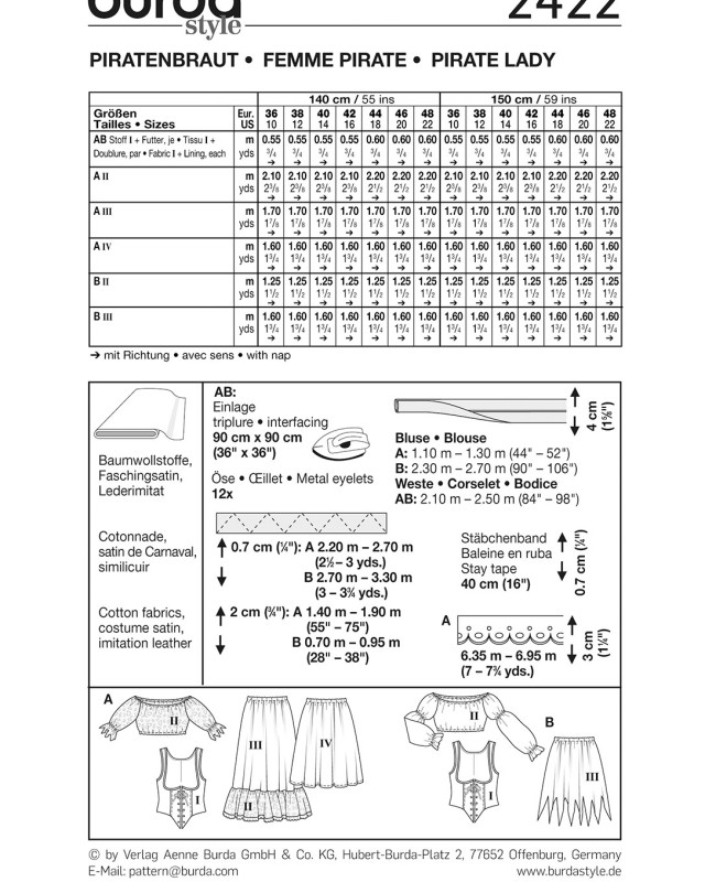 Patron déguisement pirate femme : Burda 2422 - Mercerine