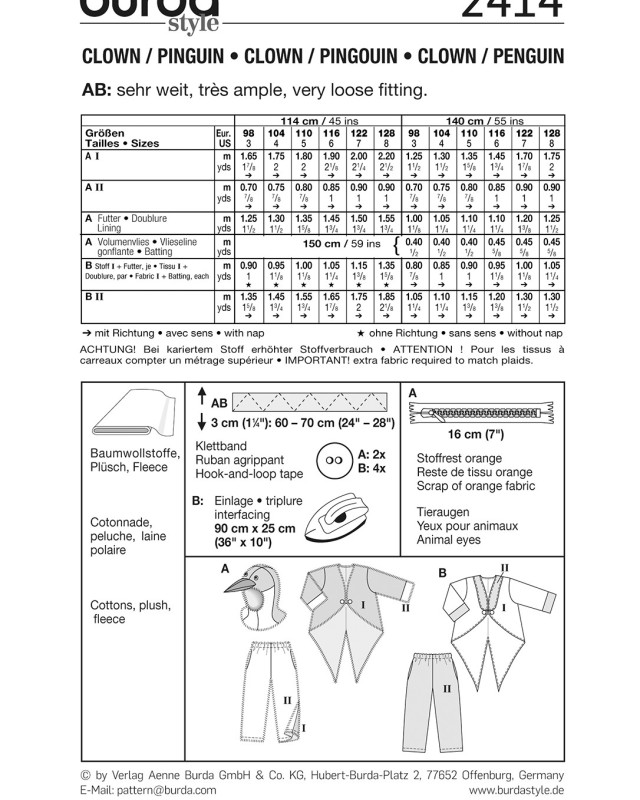 Patron déguisement Clown et Pingouin : Burda 2414 - Mercerine