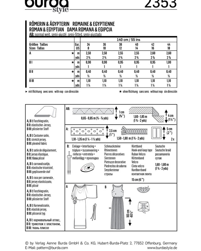 Patron déguisement égyptienne et romaine : Burda 2353 - Mercerine