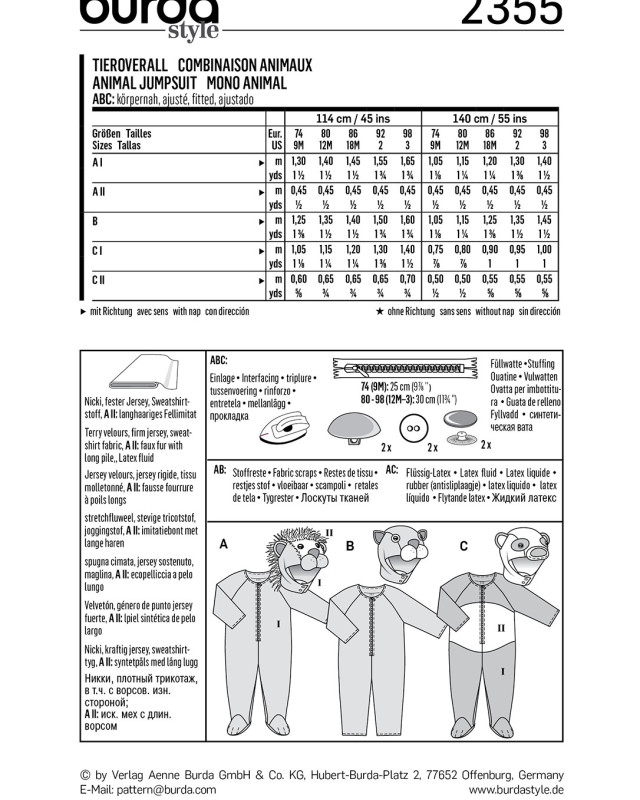 Patorn de déguisement bébé animal : Burda 2355 - Mercerine