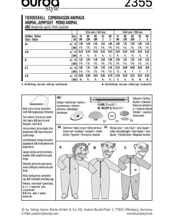 Patorn de déguisement bébé animal : Burda 2355 - Mercerine