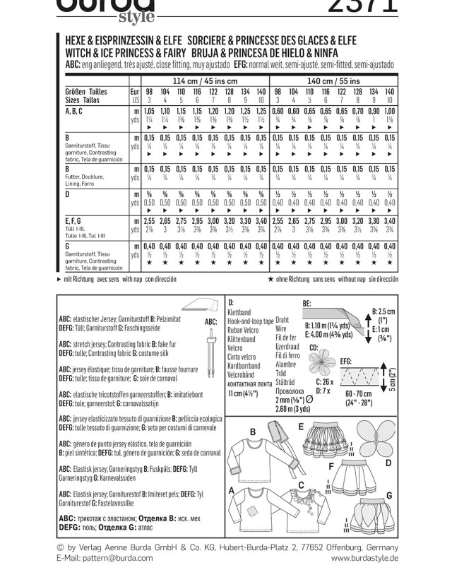 Patron de sorcière, princesse des glaces et elfe : Burda 2371 - Mercerine