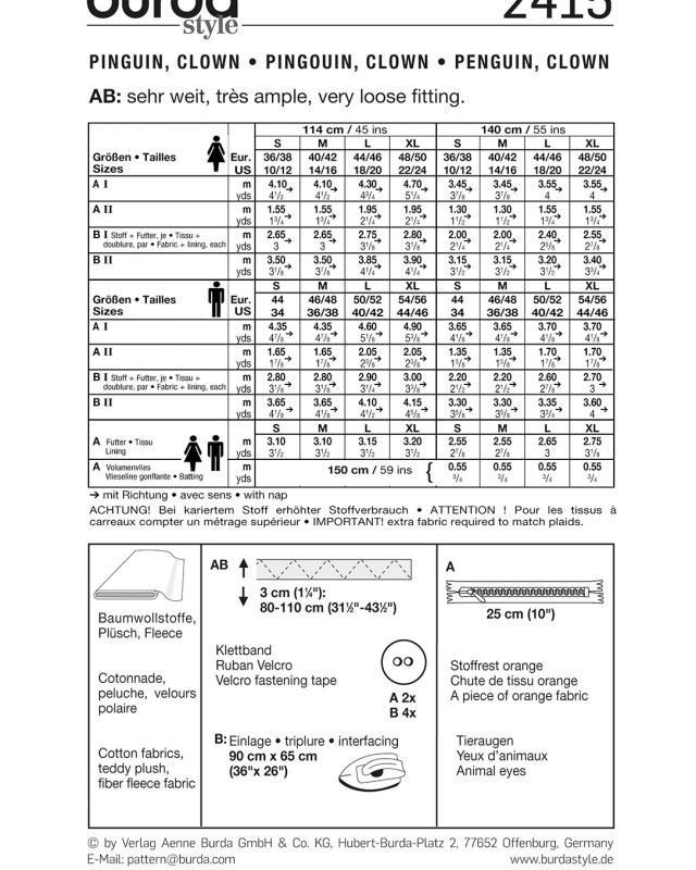Patron de clown et pingouin adulte : Burda 2415 - Mercerine