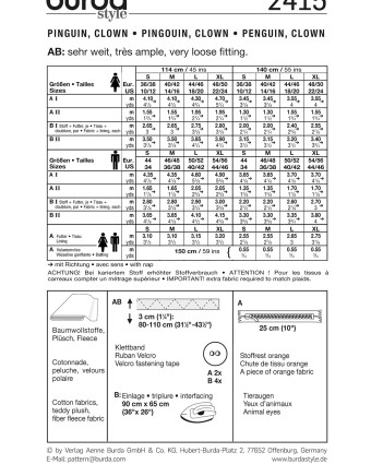 Patron de clown et pingouin adulte : Burda 2415 - Mercerine