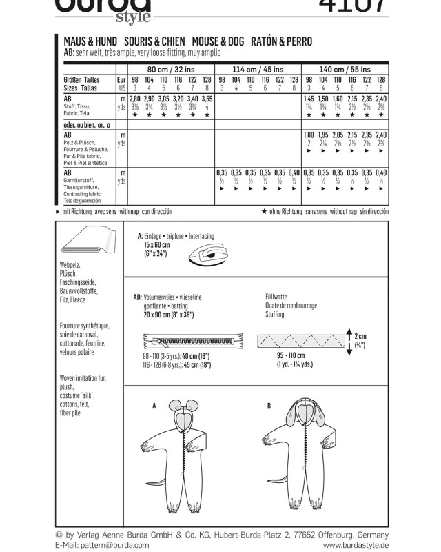 Patron déguisement Souris et chien : Burda 4107 - Mercerine