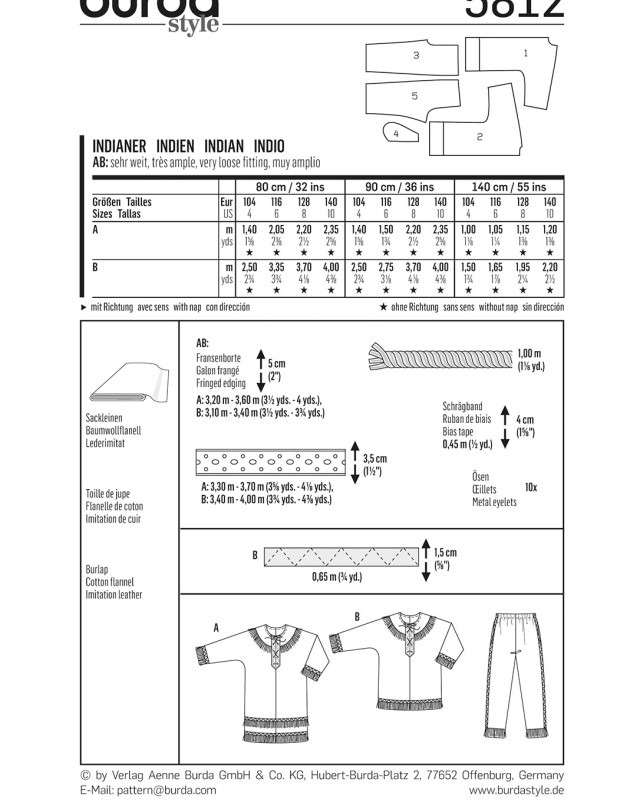 Patron déguisement indien : Burda 5812 - Mercerine