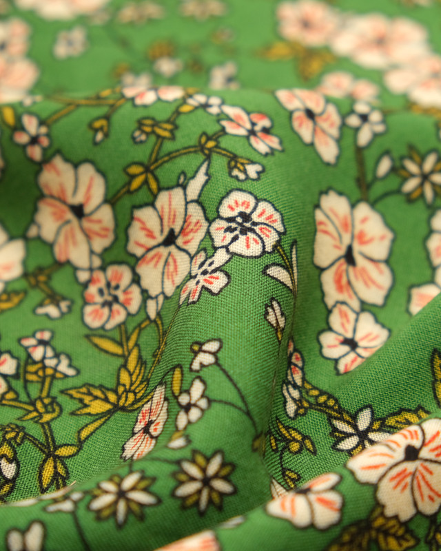 Tissu viscose : imprimé fleuri vert vintage - Mercerine