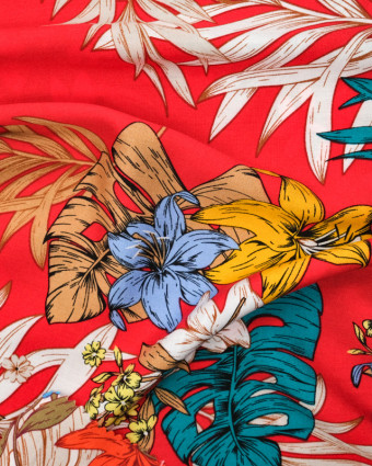 Tissu viscose au mètre : motif tropical fond rouge - Mercerine