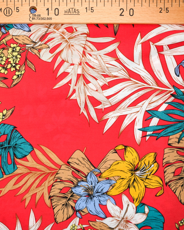 Tissu viscose au mètre : motif tropical fond rouge - Mercerine