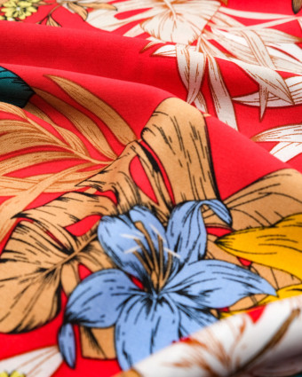 Tissu viscose au mètre : motif tropical fond rouge - Mercerine