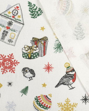 Tissu de Noël : imprimé boule à neige et oiseaux - Mercerine