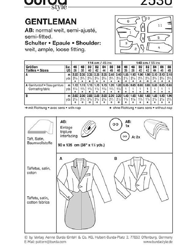 Patron déguisement gentleman : Burda 2530 - Mercerine