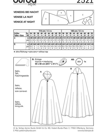 Patron déguisement Venise : Burda 2521 - Mercerine