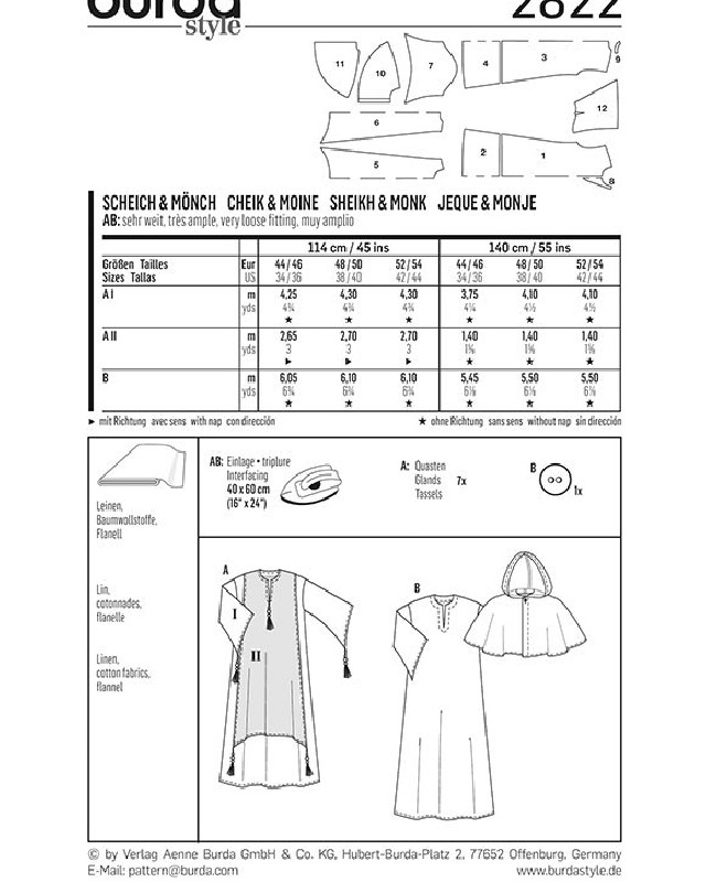 Patron déguisement moine et cheik : Burda 2822 - Mercerine