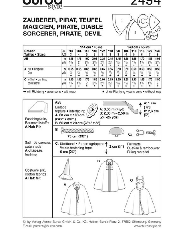 Patron déguisement magicien, pirate et diable : Burda 2494 - Mercerine