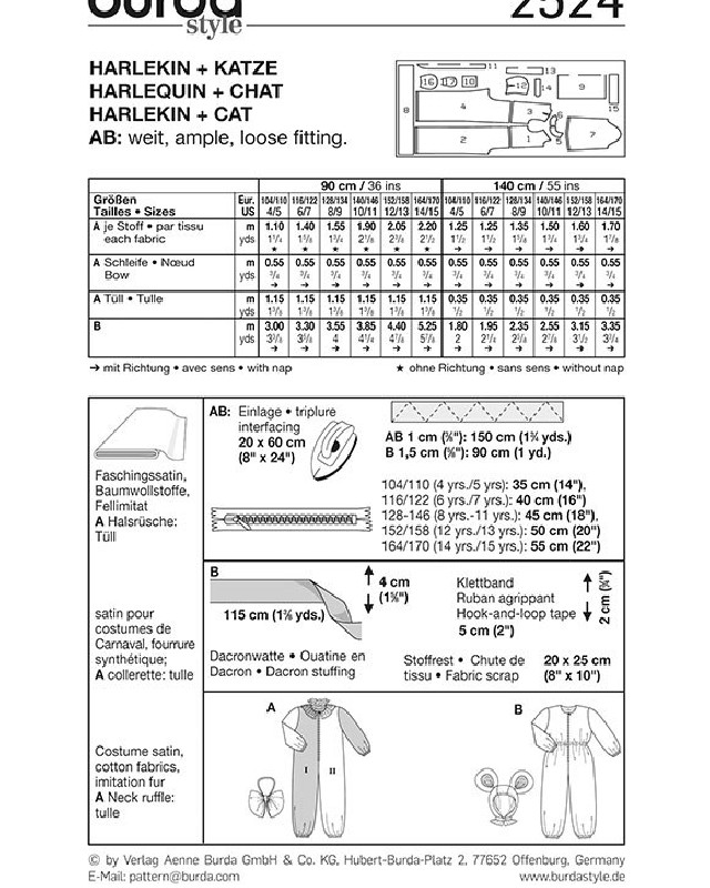 Patron déguisement enfant Harlequin et chat : Burda 2524 - Mercerine