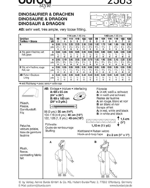 Patron déguisement dinosaure / dragon : Burda 2503 - Mercerine