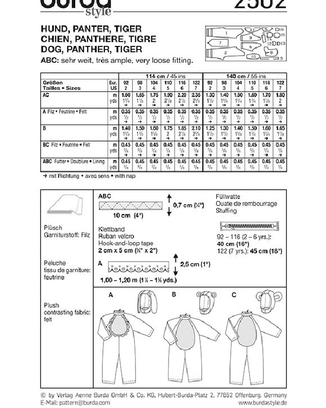 Patron déguisement tigre, chien et panthère : Burda 2502 - Mercerine