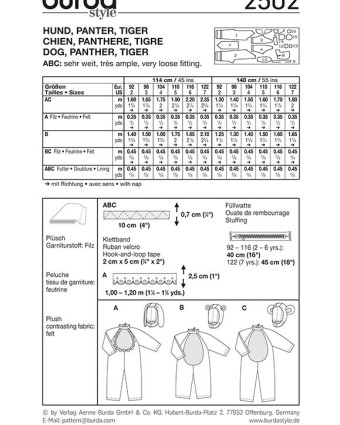 Patron déguisement tigre, chien et panthère : Burda 2502 - Mercerine