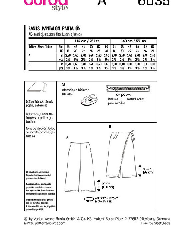 Patron de couture femme Pantalon portefeuille : Burda 6035 - Mercerine
