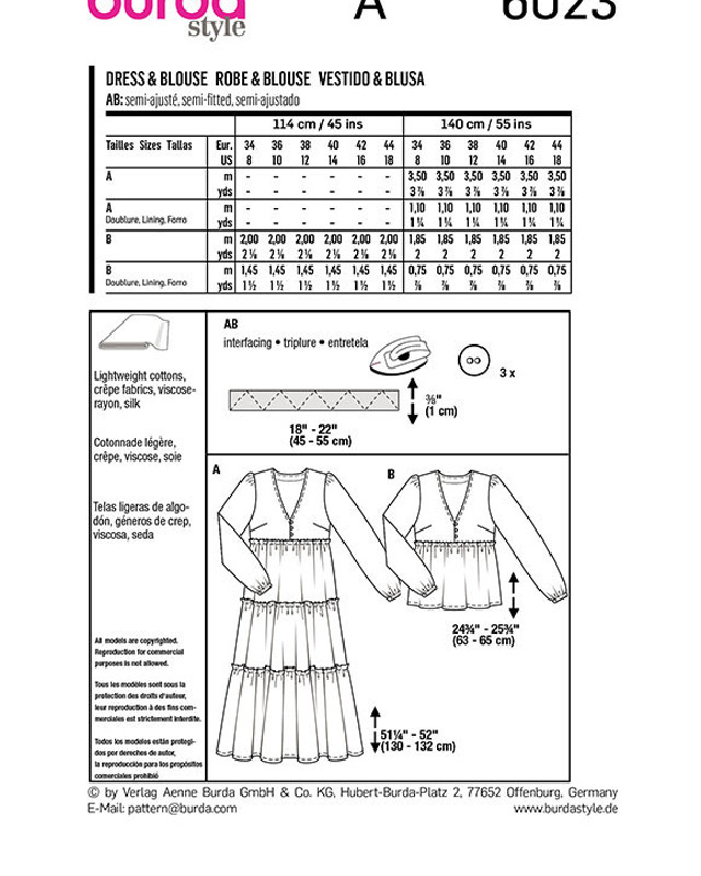 Patron de couture Robe / blouse romantique : Burda 6023 - Mercerine