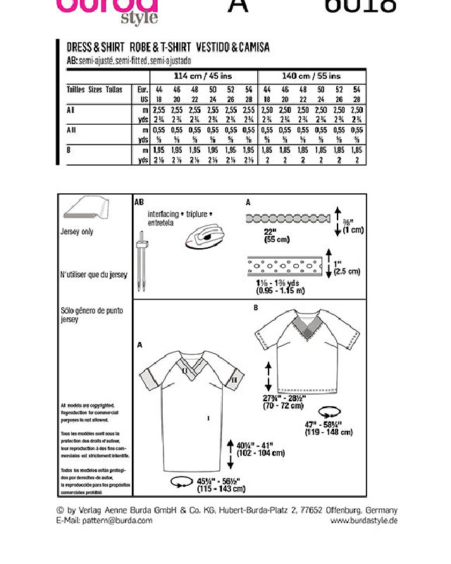 Patron de couture Robe / tee-shirt encolure V : Burda 6018 - Mercerine