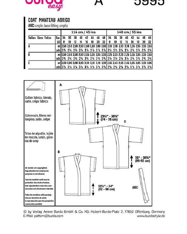Patron de couture femme kimono : Burda 5995 - Mercerine