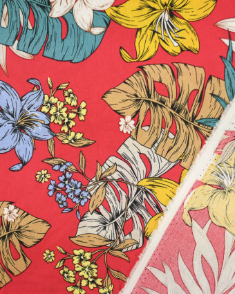 Tissu viscose au mètre : motif tropical fond rouge - Mercerine