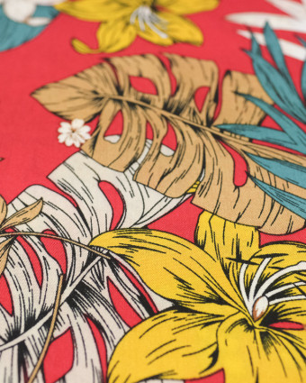 Tissu viscose au mètre : motif tropical fond rouge - Mercerine