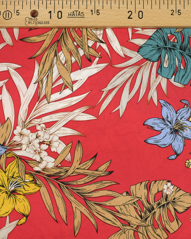 Tissu viscose au mètre : motif tropical fond rouge - Mercerine