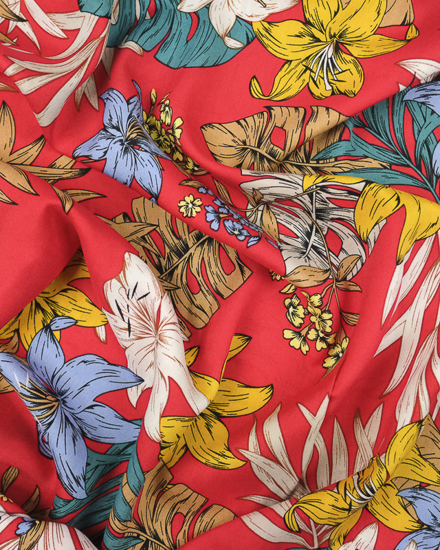 Tissu viscose au mètre : motif tropical fond rouge - Mercerine